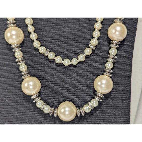 Off White Silver Tone Rhinestone Double Strand Necklace - Picture 3 of 9